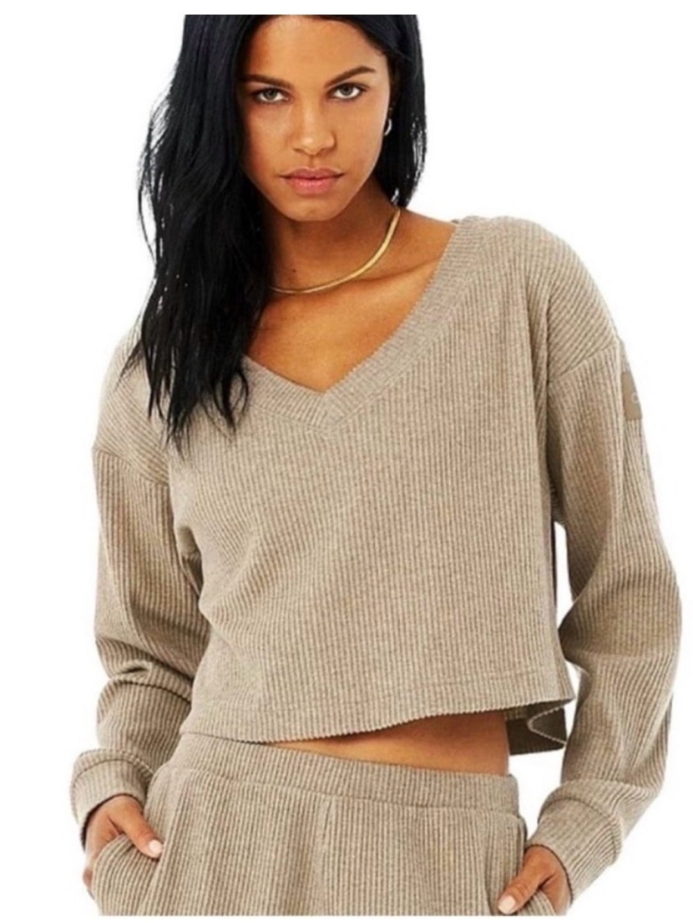 ALO Ribbed V-Neck Cropped Sweater in Taupe